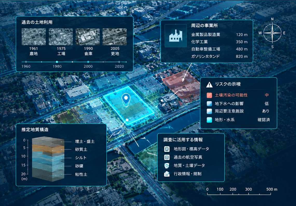 街を俯瞰し、地層や業種などの情報を重ねたトチノチェックのイメージ
