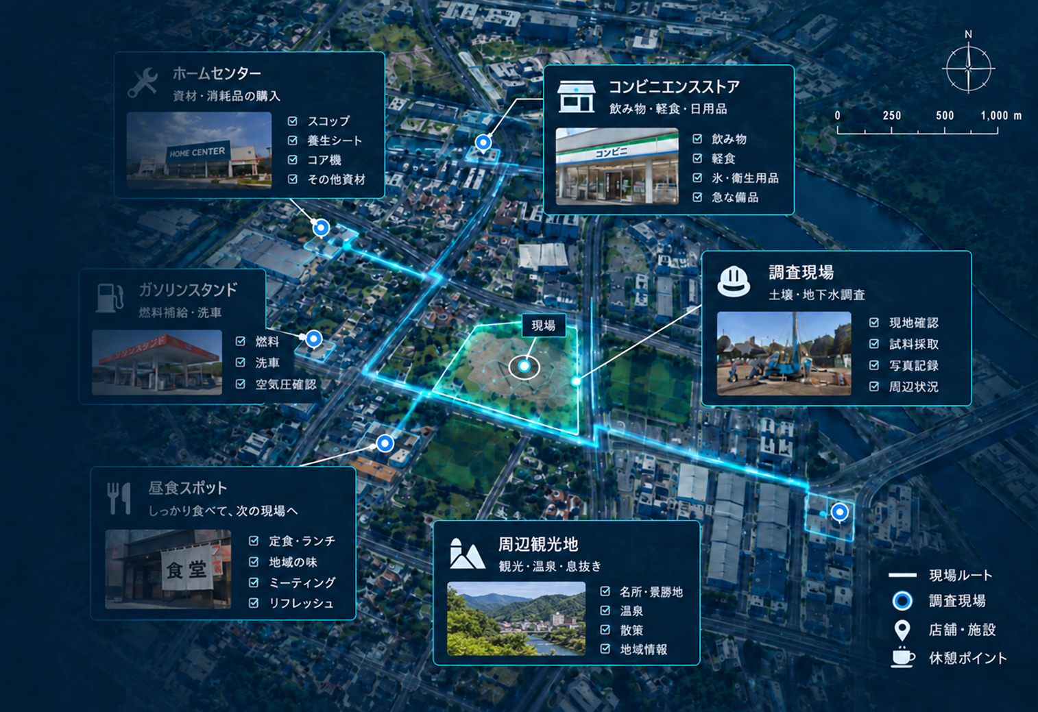 現場周辺の店舗、食事、観光地などを俯瞰して整理するトチノオンサイトのイメージ