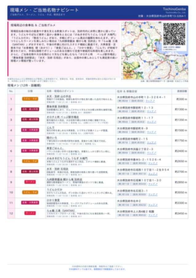 トチノオンサイト 現場メシナビシートのサンプル